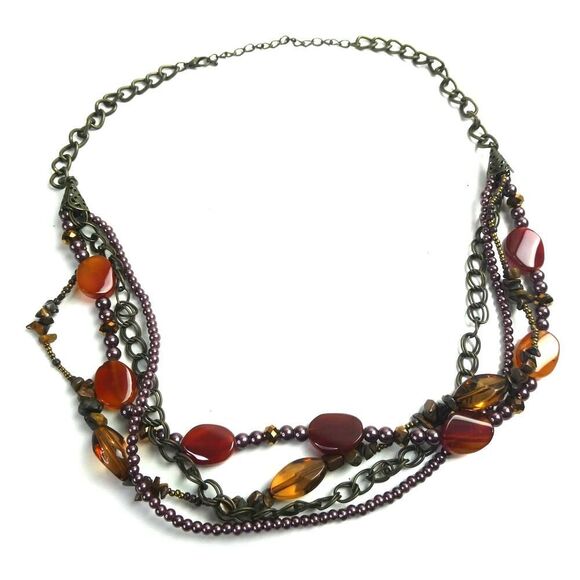 Multi Strand Grey Orange Red Beaded Faux Pearl Stone Plus Size Friendly Necklace - Picture 1 of 8